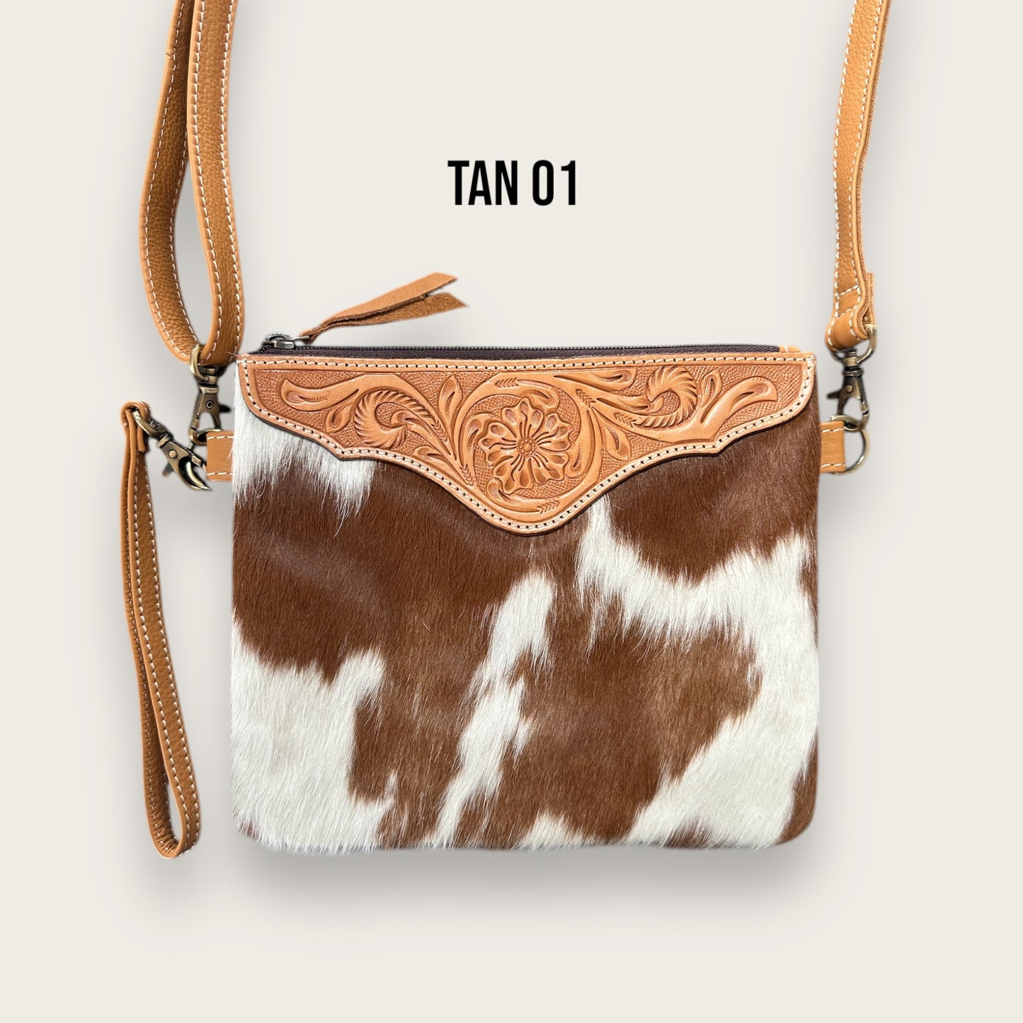 Tan and White Cowhide and Leather Bag with Tooling Details