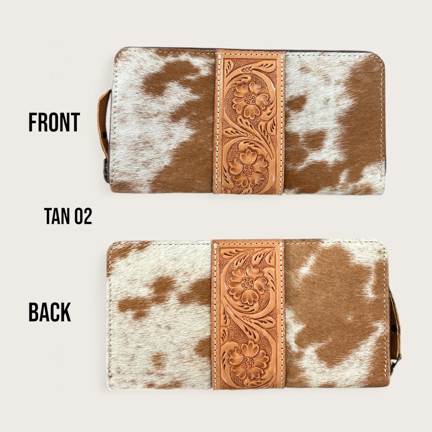 Large Cowhide and Leather Wallet with Tooling Details in Tan and White