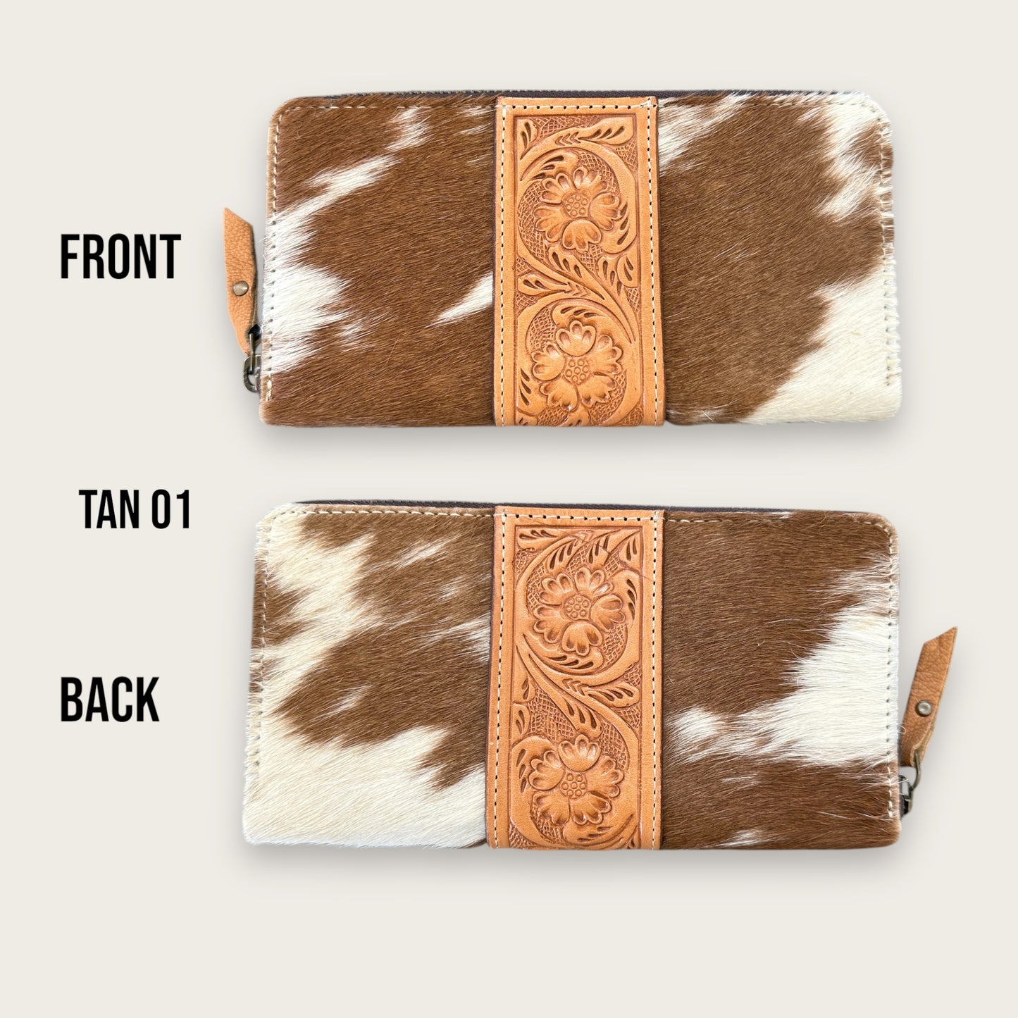Large Cowhide and Leather Wallet with Tooling Details in Tan and White