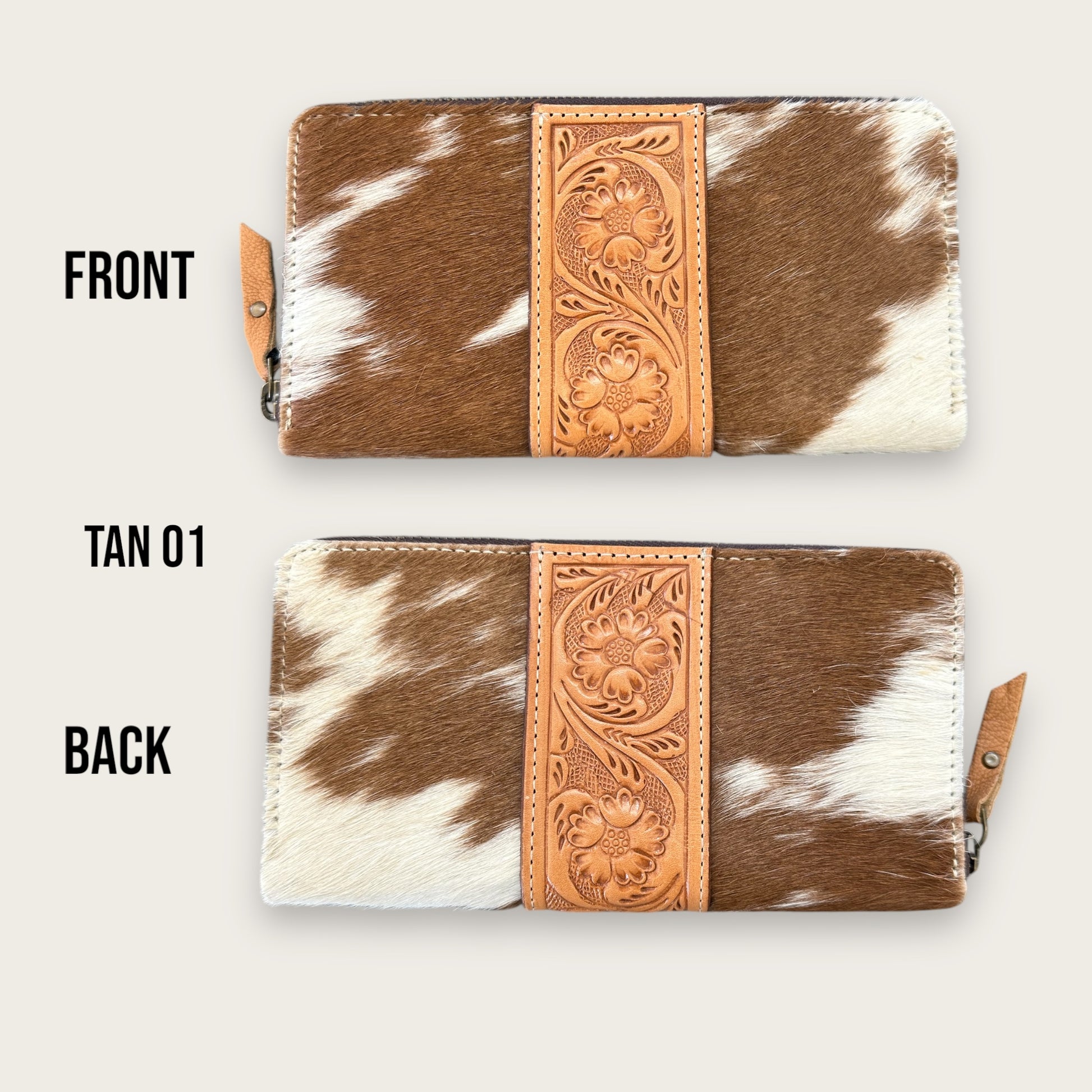 Large Cowhide and Leather Wallet with Tooling Details in Tan and White