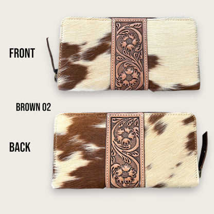 Large Cowhide and Leather Wallet with Tooling Details in Brown and White