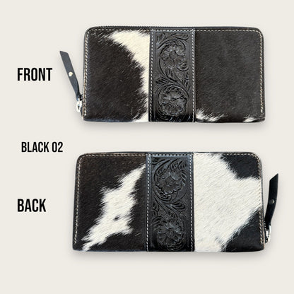 Large Cowhide and Leather Wallet with Tooling Details in Black and White
