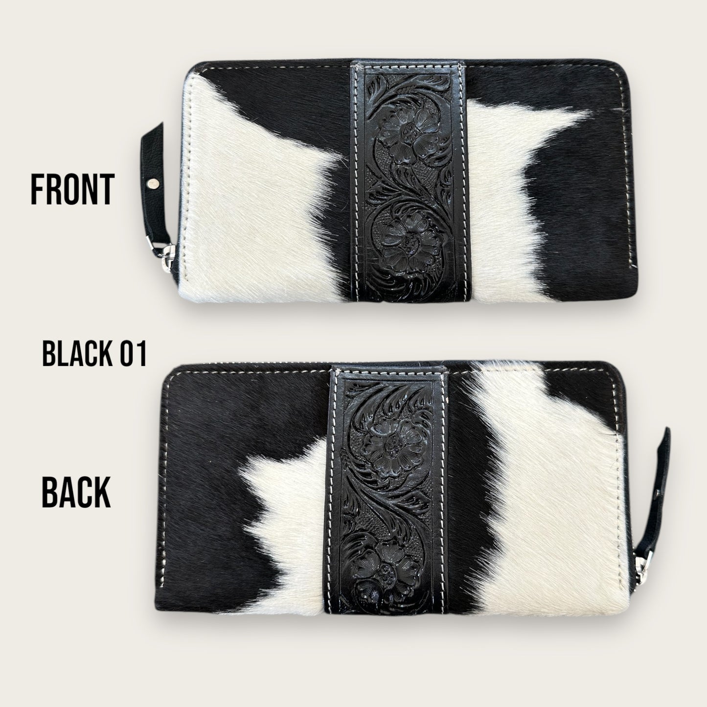 Large Cowhide and Leather Wallet with Tooling Details in Black and White