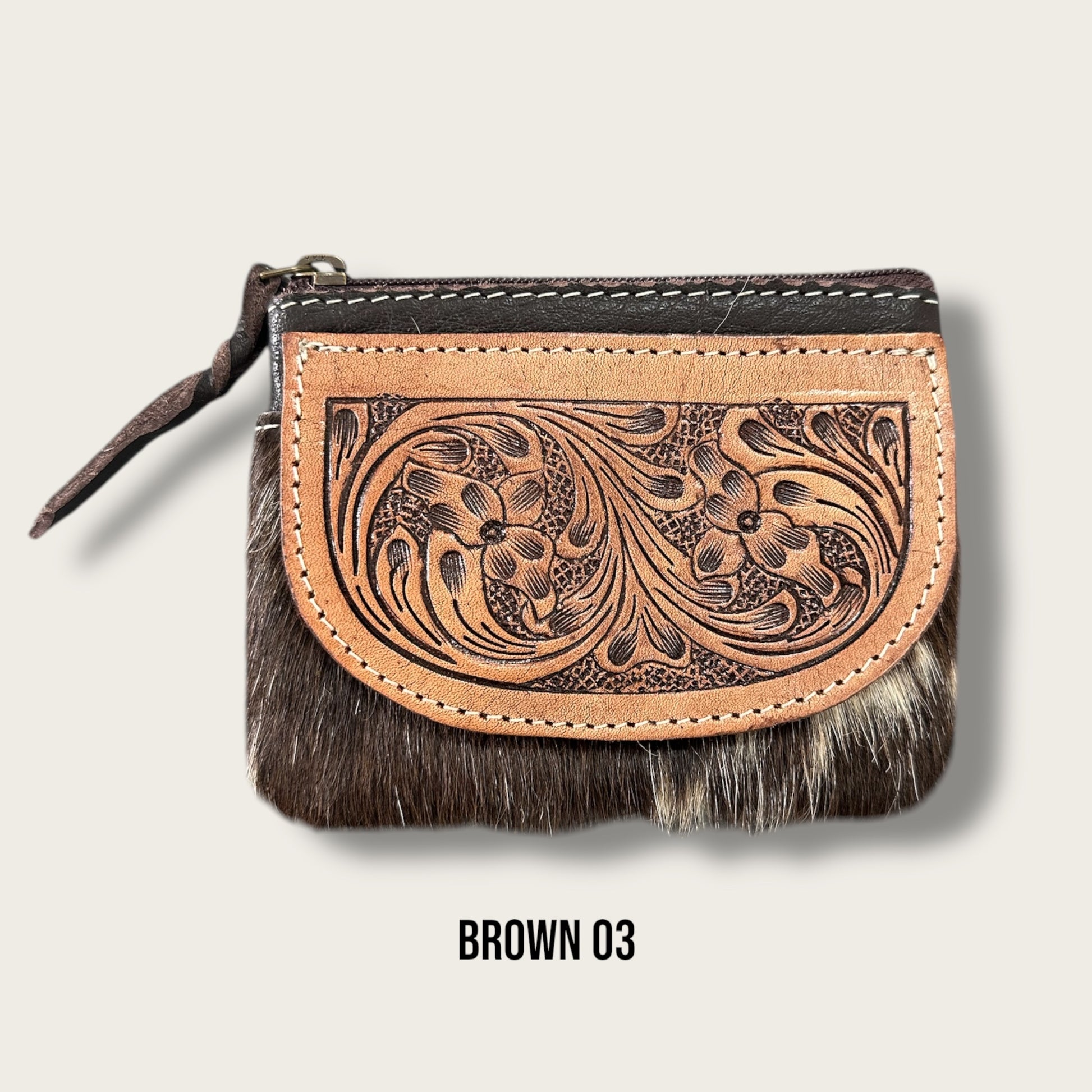 Brown and White Cowhide Zip Purse with Tooling Details