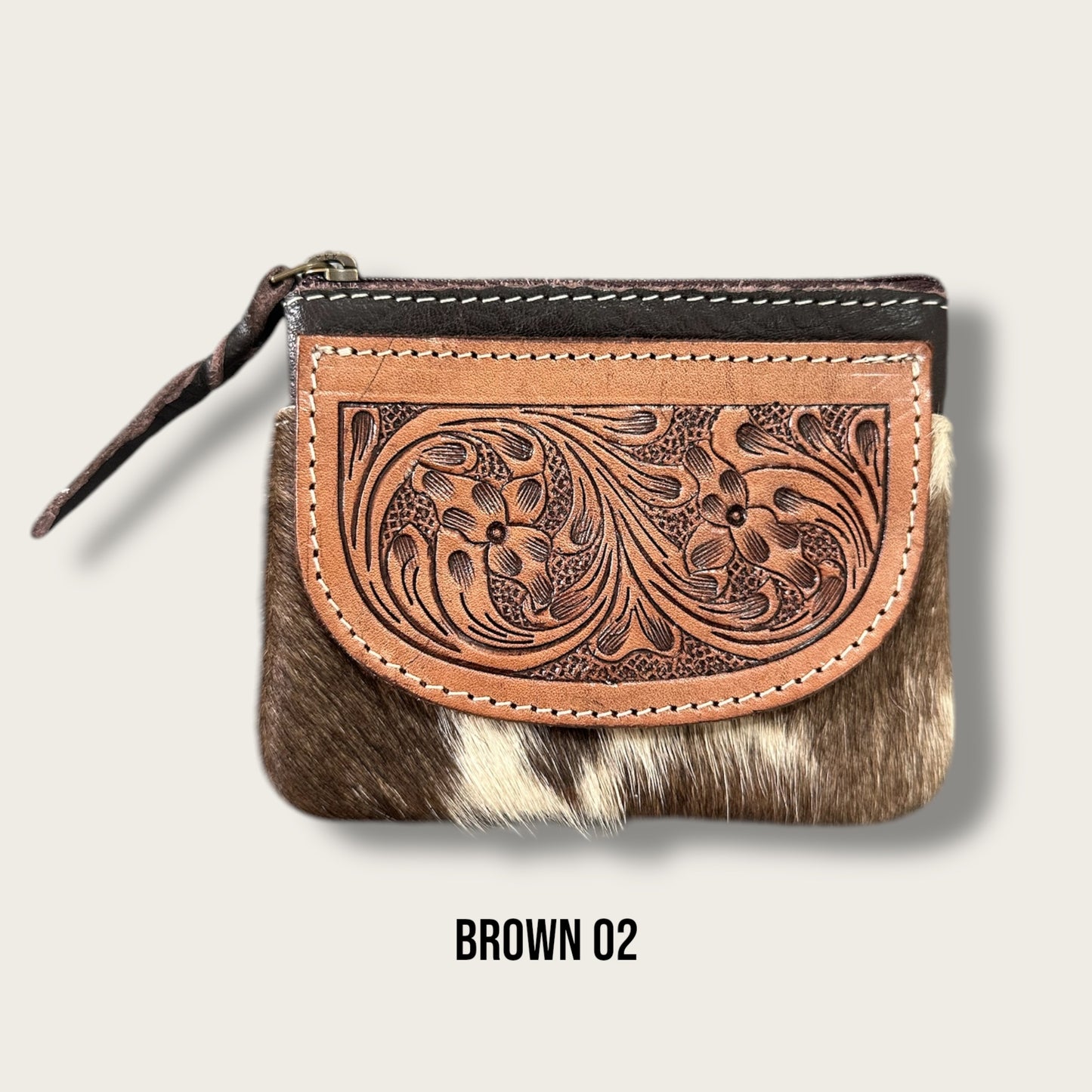 Brown and White Cowhide Zip Purse with Tooling Details