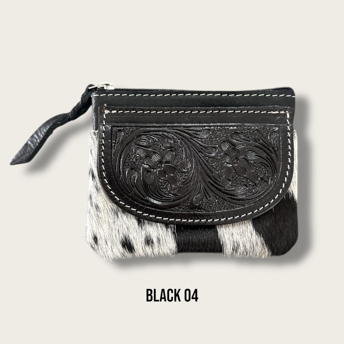 Black and White Cowhide Zip Purse with Tooling Details