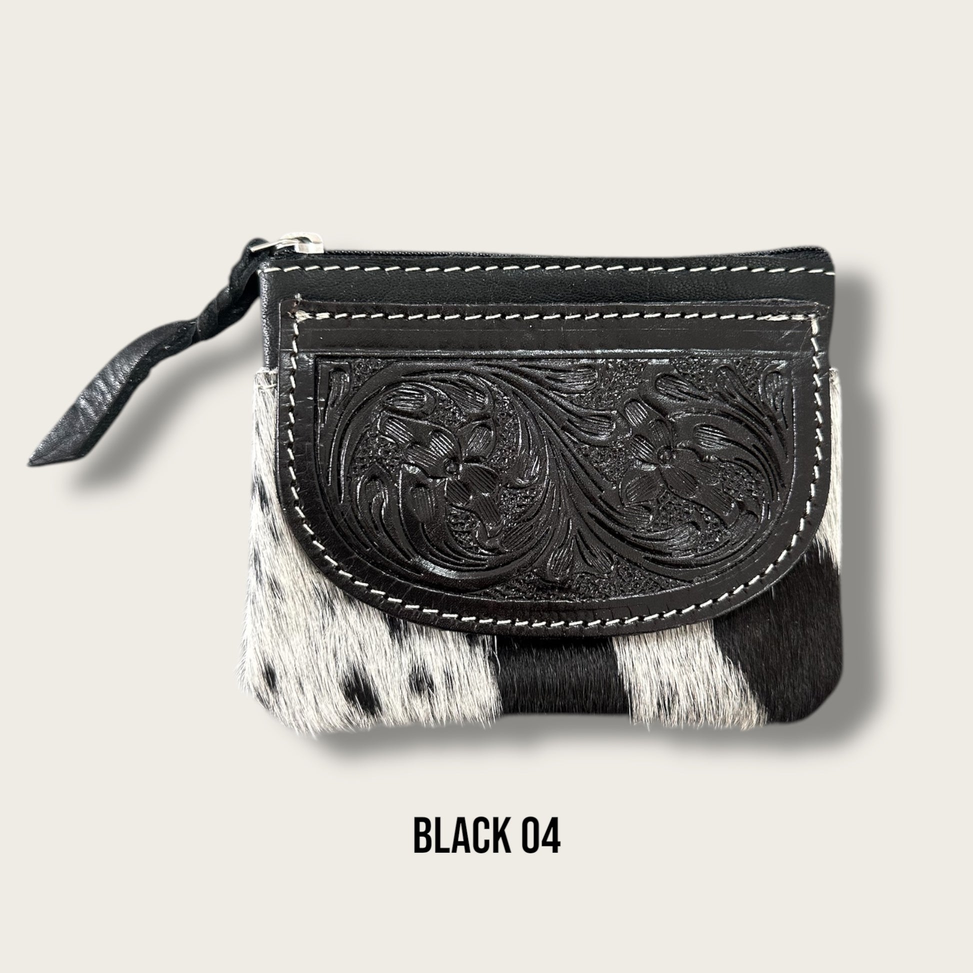 Black and White Cowhide Zip Purse with Tooling Details