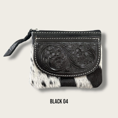 Black and White Cowhide Zip Purse with Tooling Details