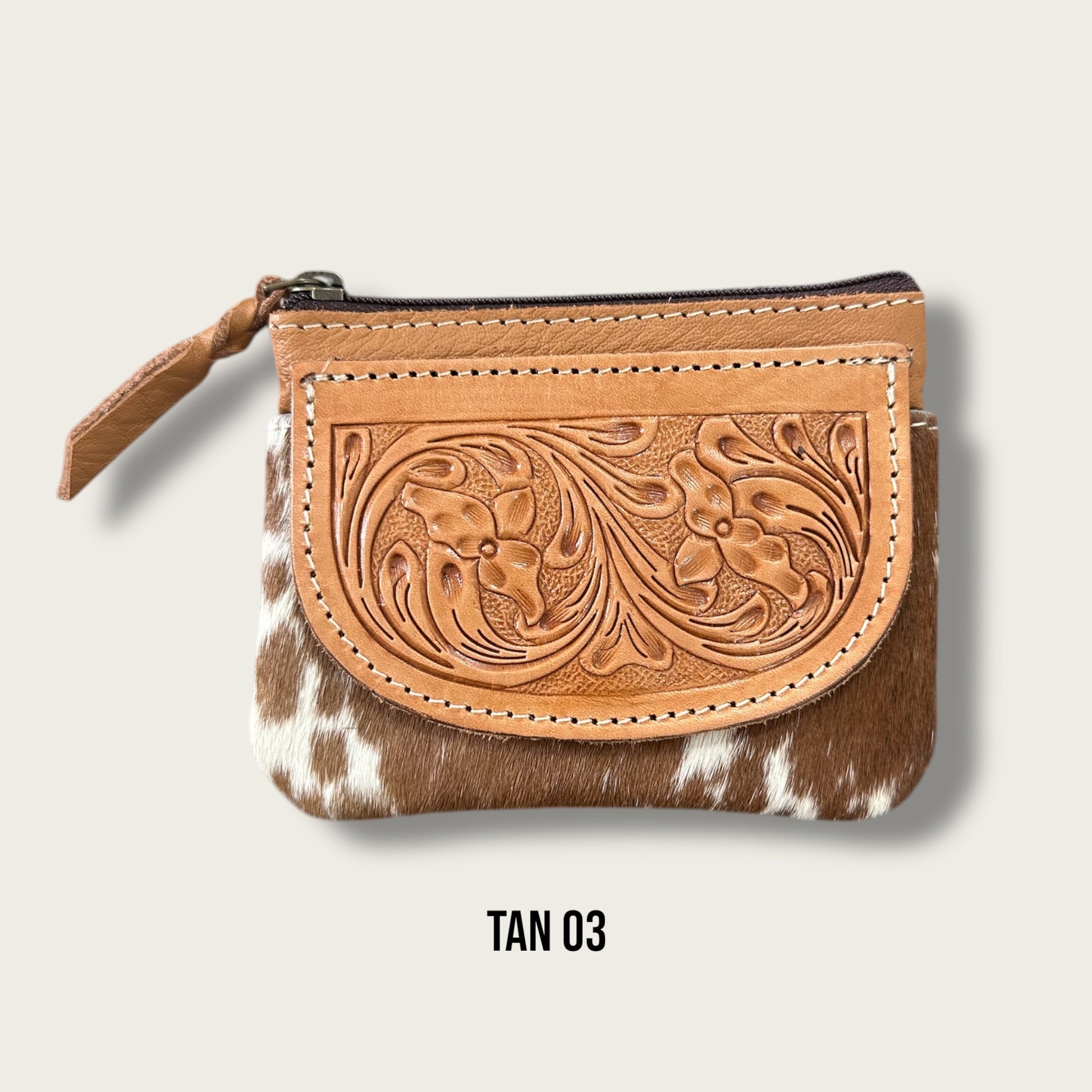 Tan and White Cowhide Zip Purse with Tooling Details