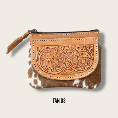 Tan and White Cowhide Zip Purse with Tooling Details