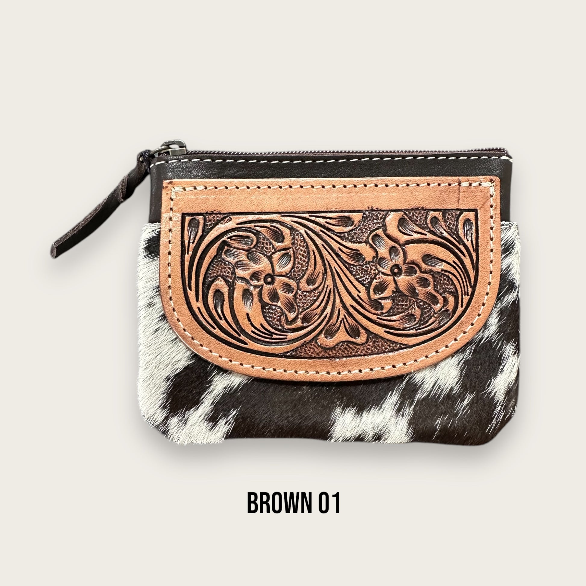 Brown and White Cowhide Zip Purse with Tooling Details