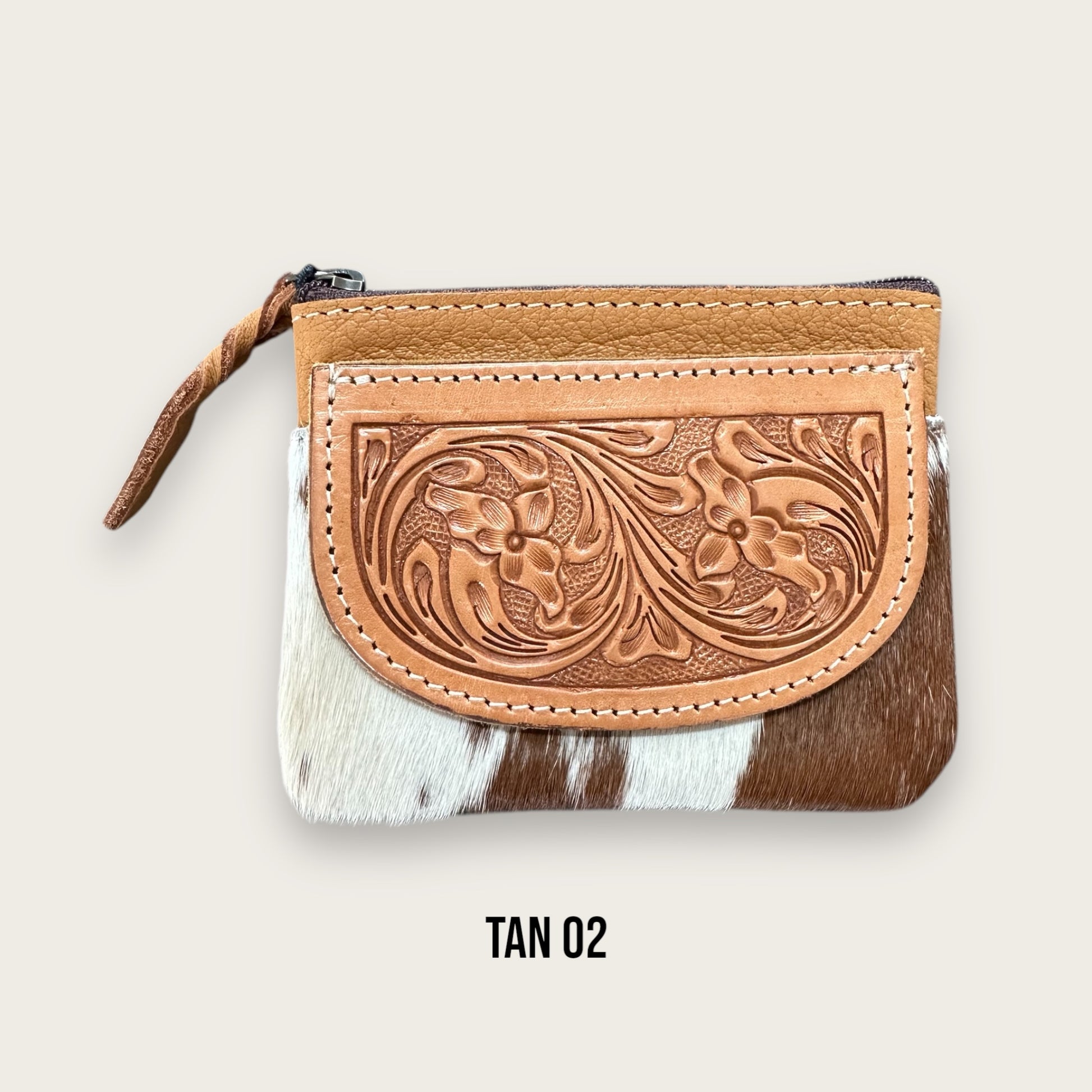 Tan and White Cowhide Zip Purse with Tooling Details