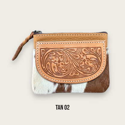 Tan and White Cowhide Zip Purse with Tooling Details