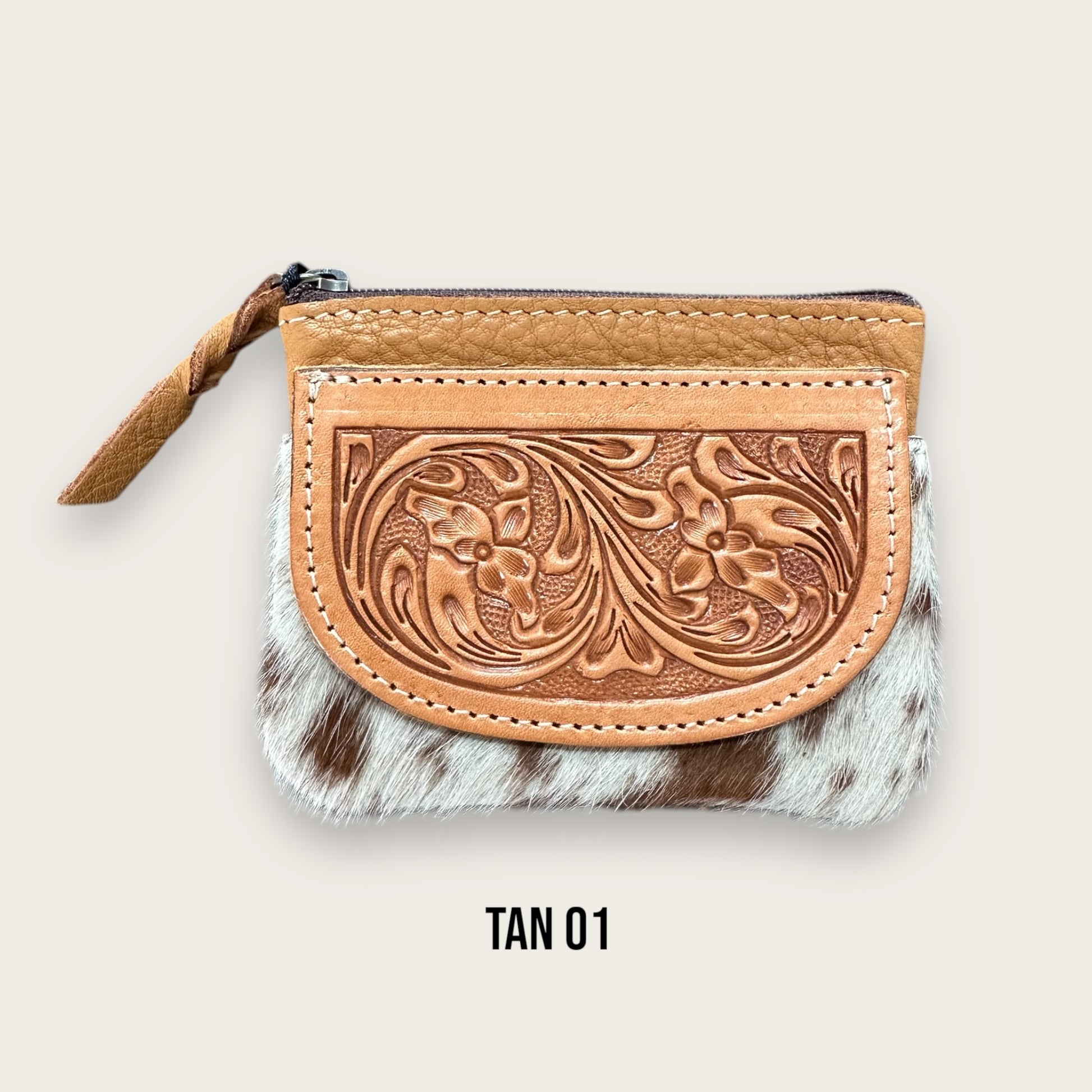 Tan and White Cowhide Zip Purse with Tooling Details
