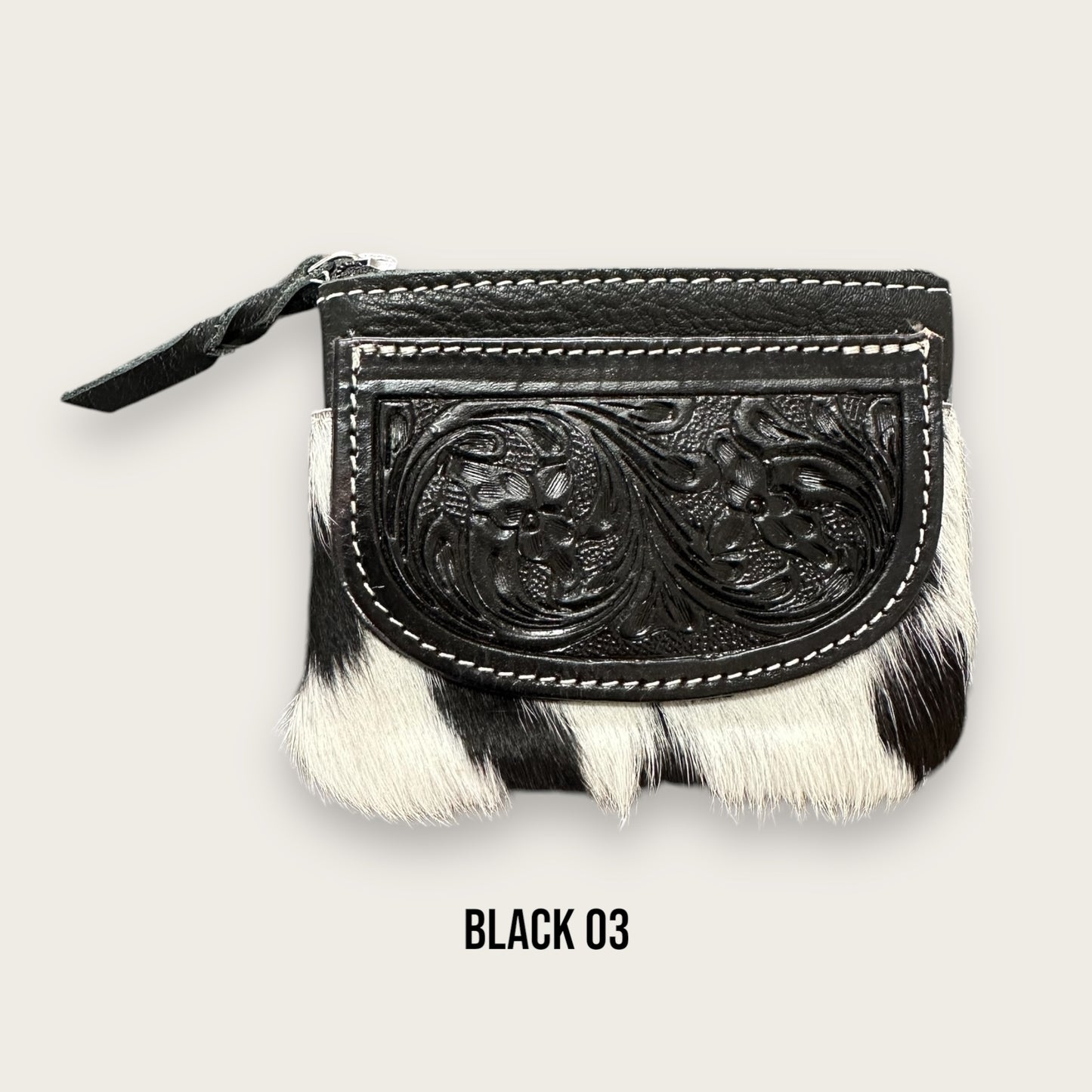 Black and White Cowhide Zip Purse with Tooling Details