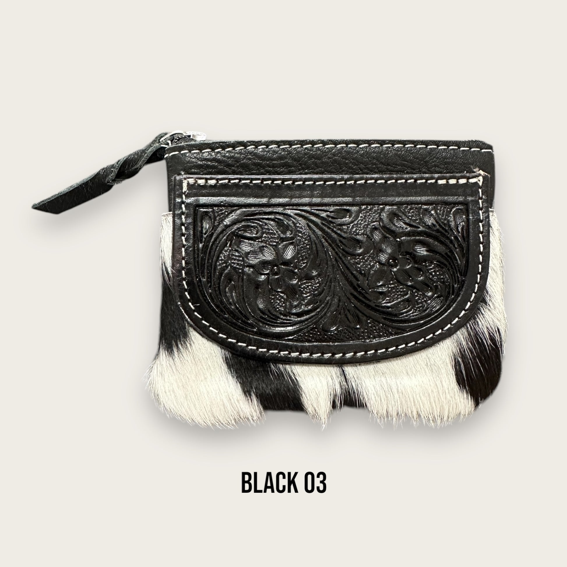 Black and White Cowhide Zip Purse with Tooling Details