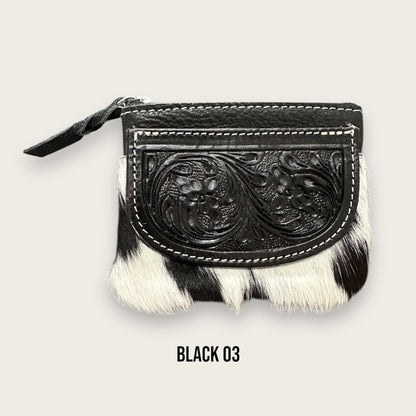 Black and White Cowhide Zip Purse with Tooling Details