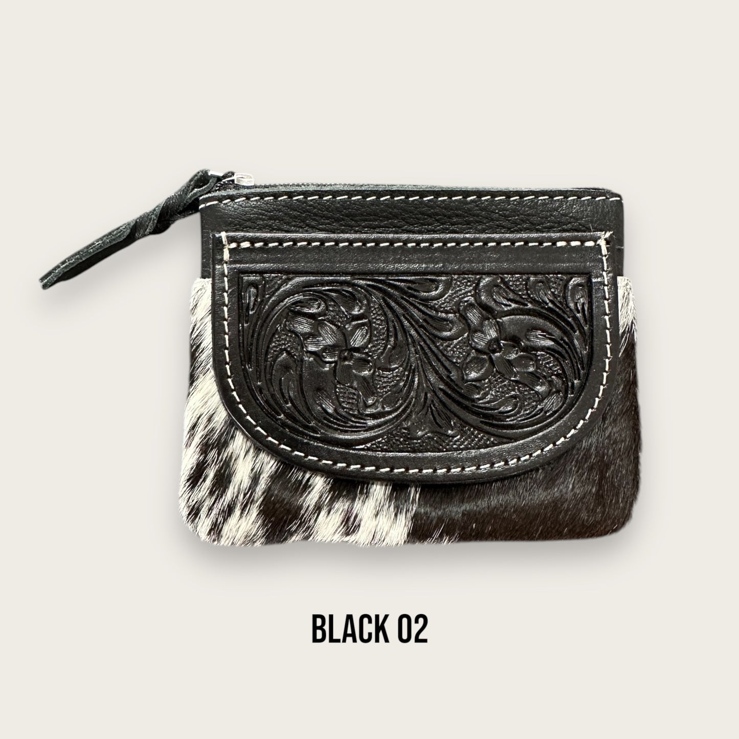 Black and White Cowhide Zip Purse with Tooling Details