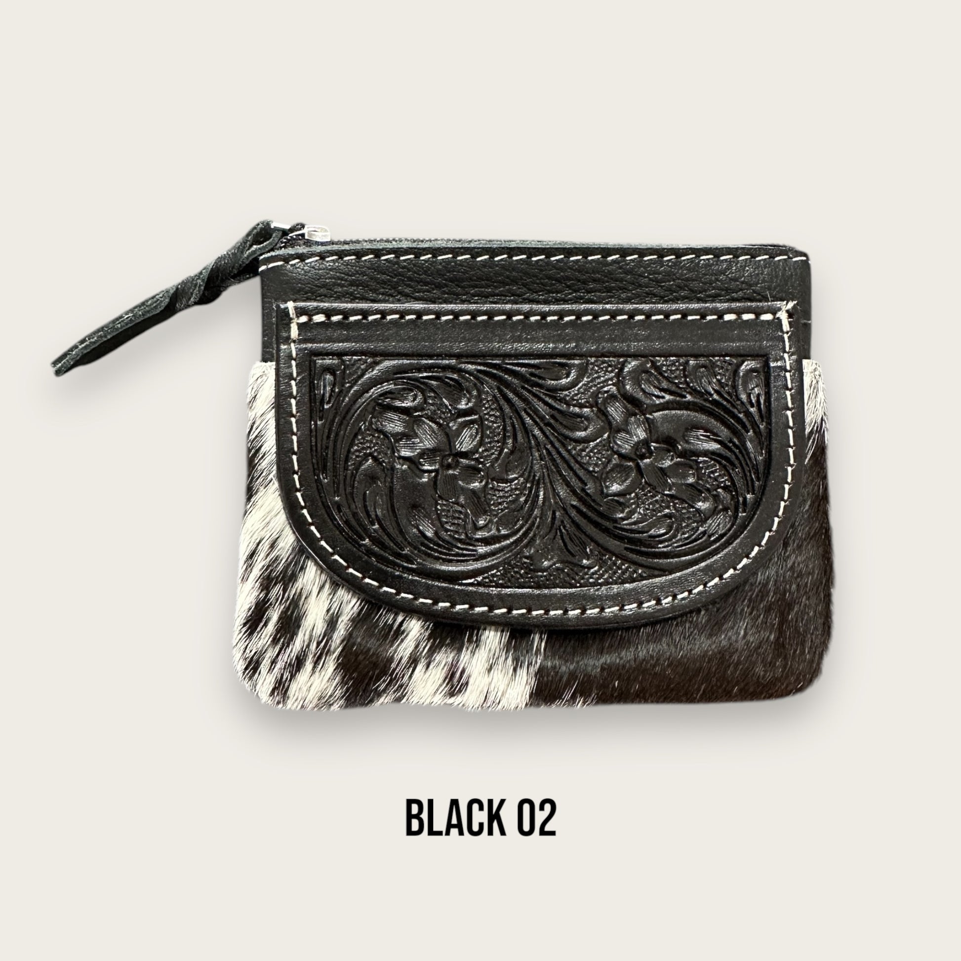 Black and White Cowhide Zip Purse with Tooling Details