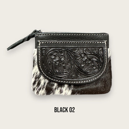 Black and White Cowhide Zip Purse with Tooling Details
