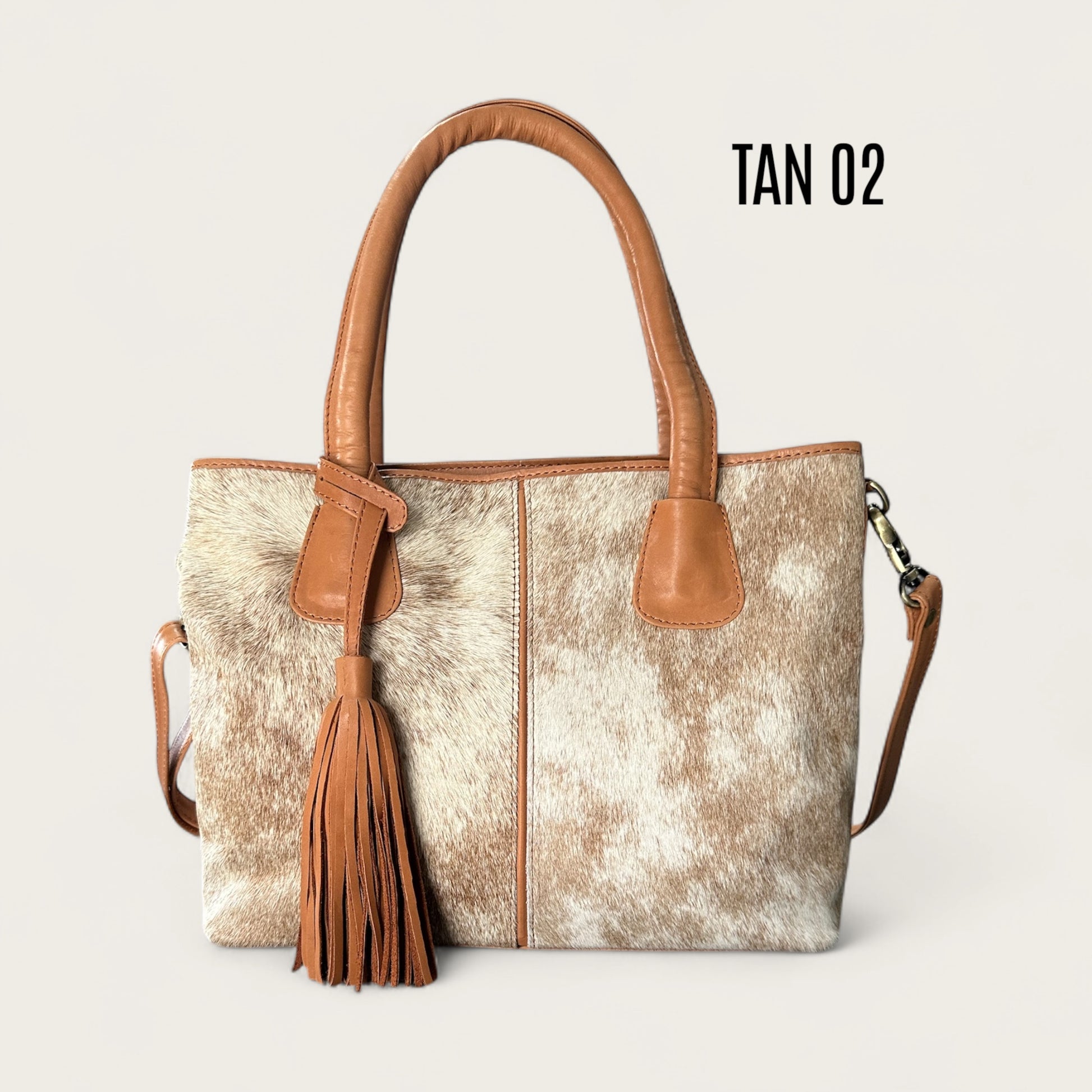 Large Cowhide Handbag with Leather - Tan