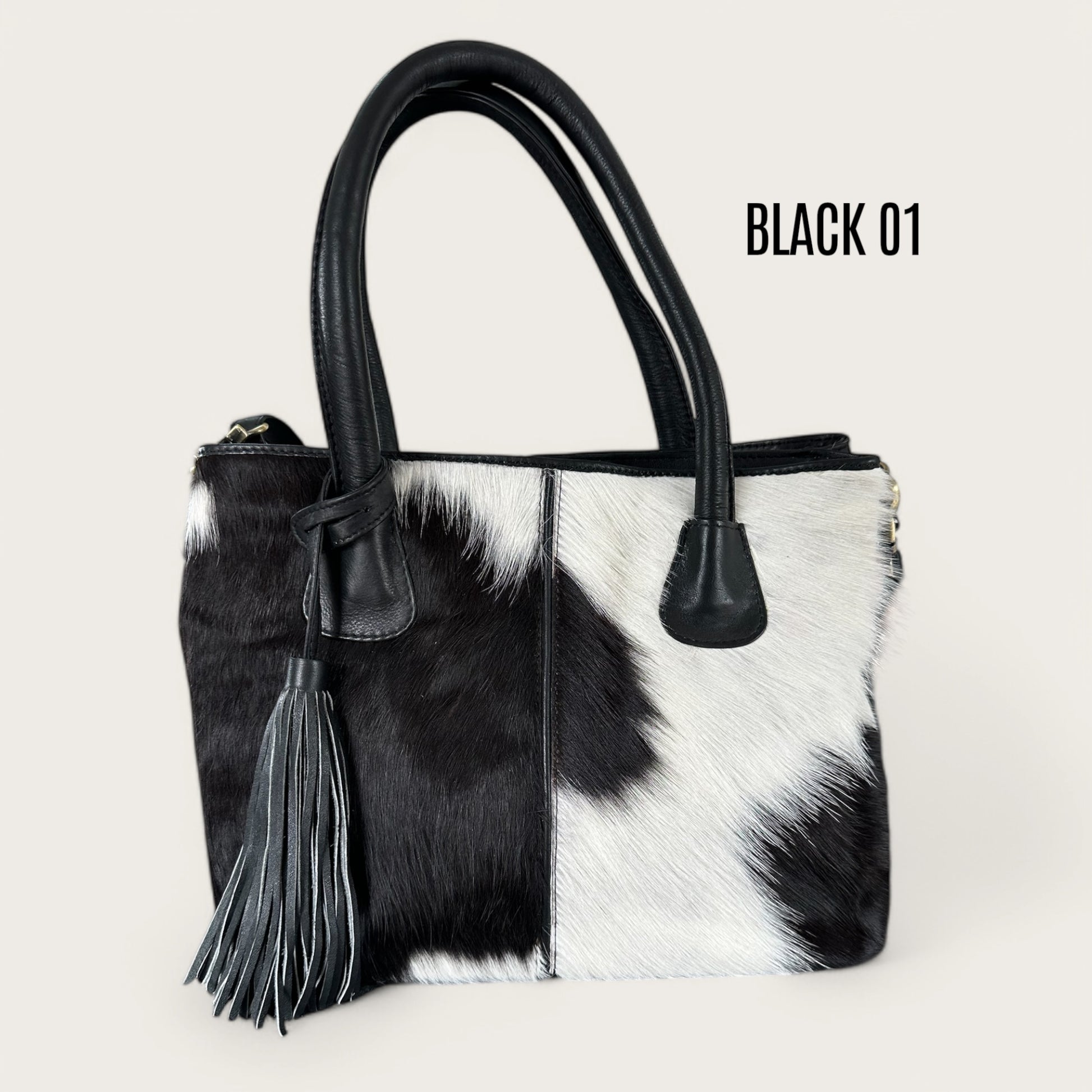 Large Cowhide Handbag with Leather - Black