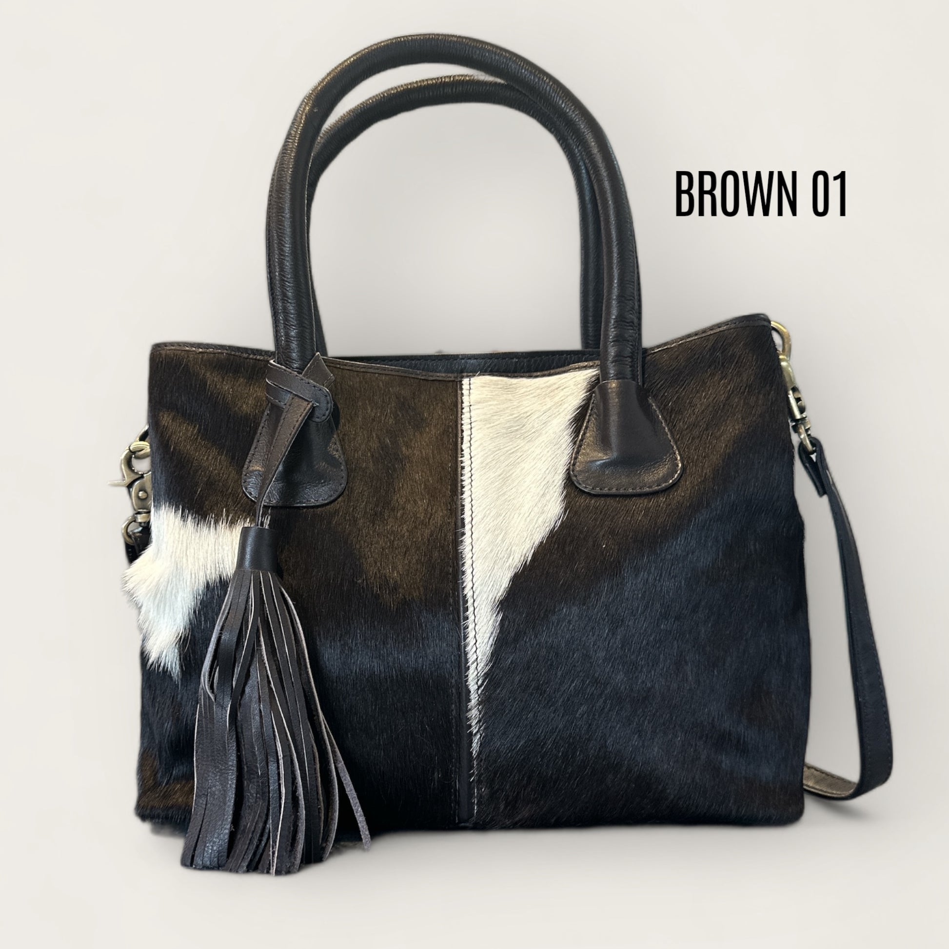Large Cowhide Handbag with Leather - Brown