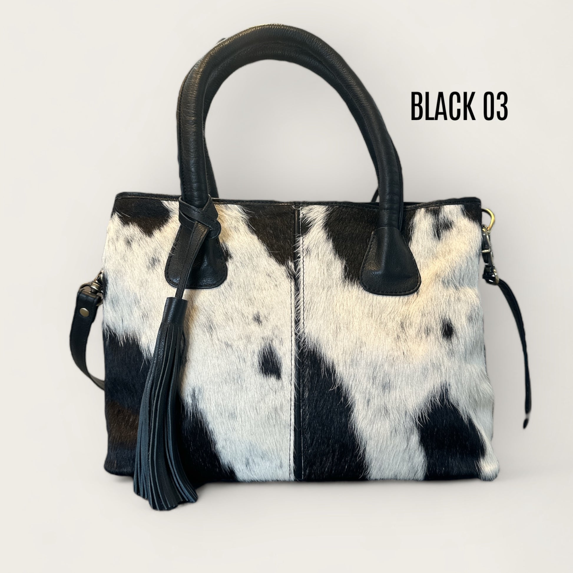 Large Cowhide Handbag with Leather - Black
