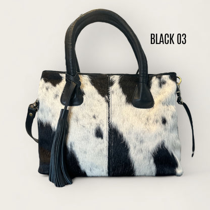 Large Cowhide Handbag with Leather - Black