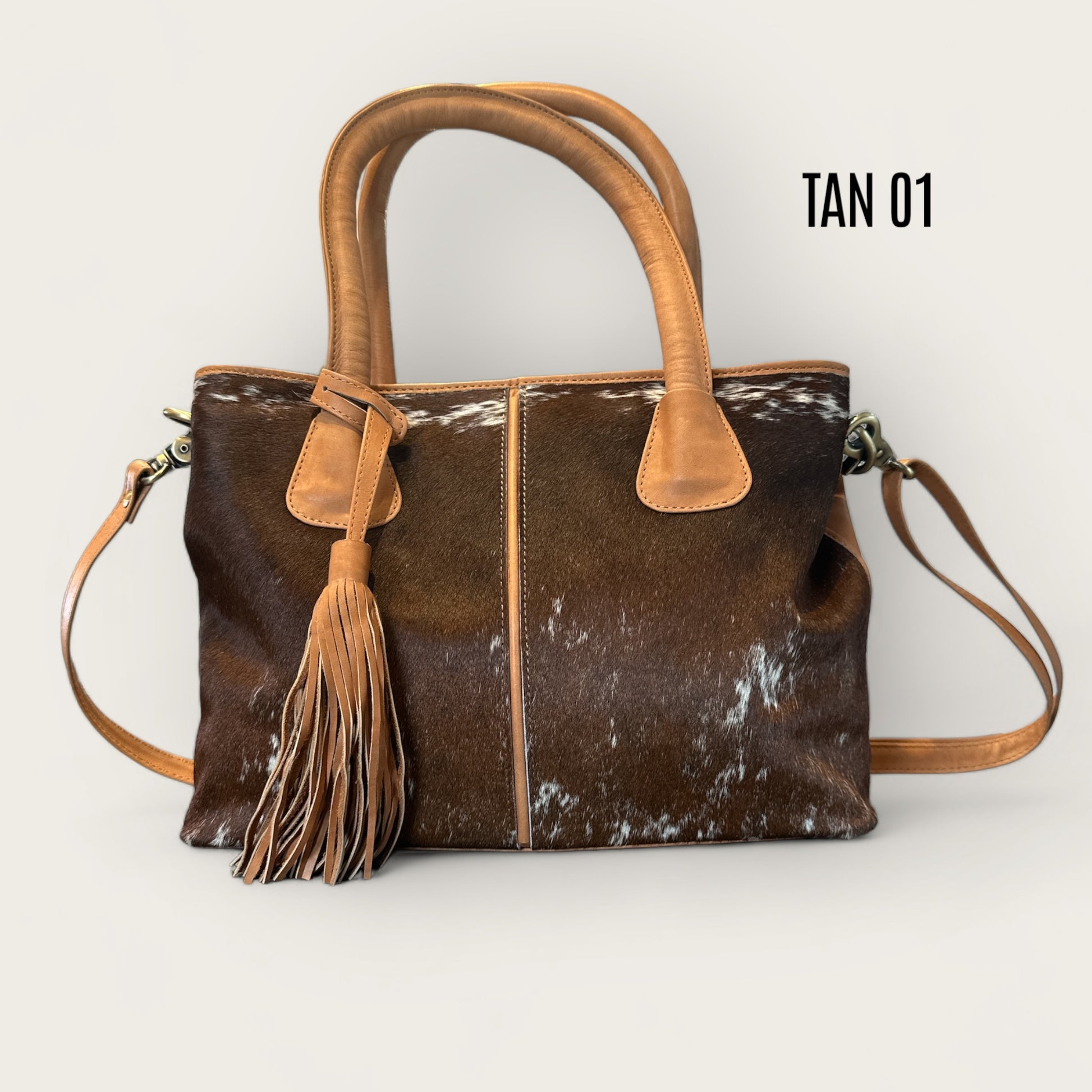 Large Cowhide Handbag with Leather - Tan