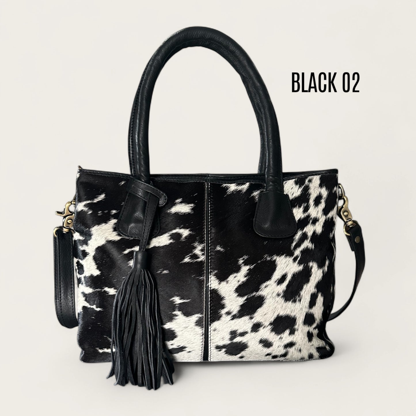 Large Cowhide Handbag with Leather - Black