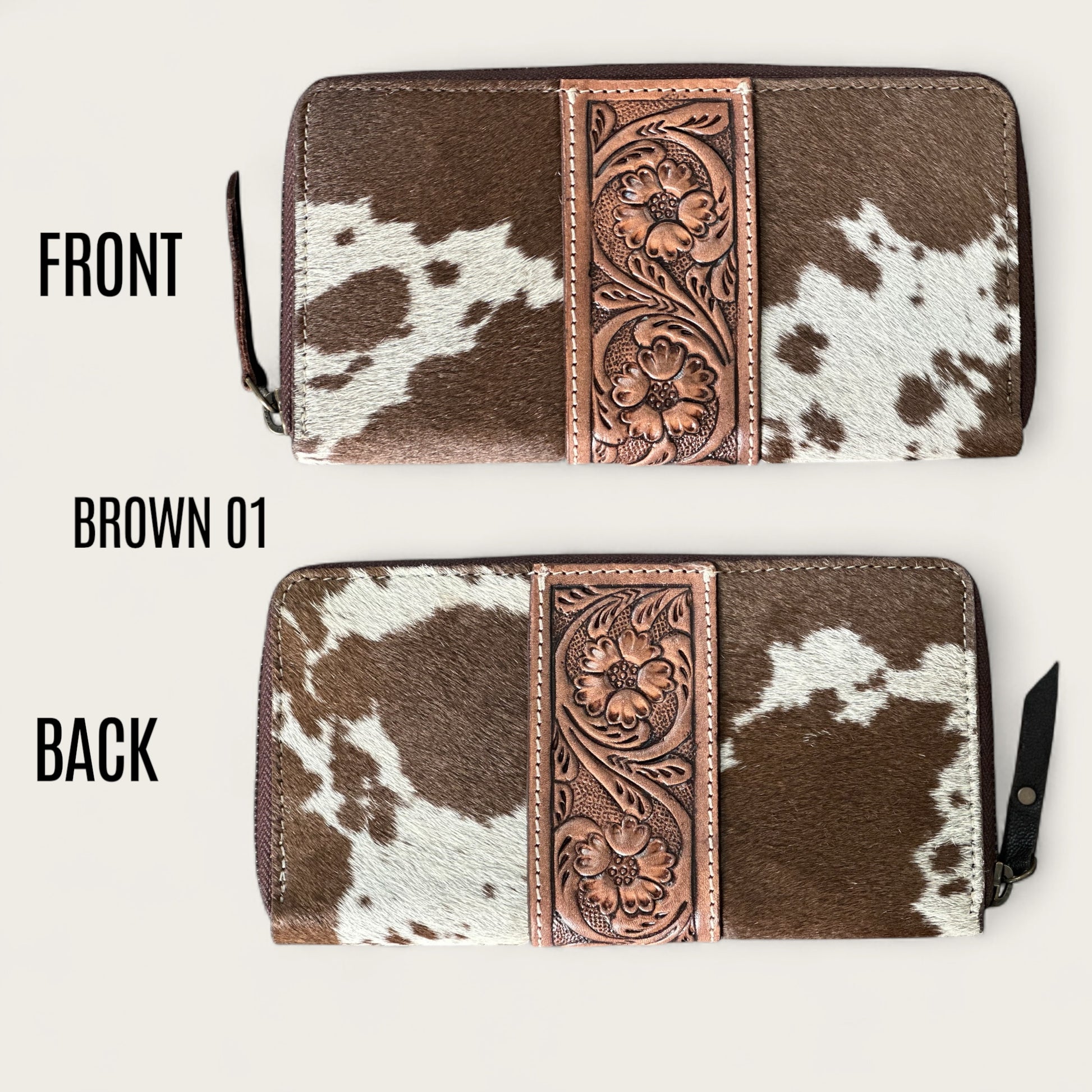 Large Cowhide and Leather Wallet with Tooling Details in Brown and White