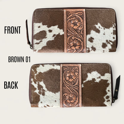 Large Cowhide and Leather Wallet with Tooling Details in Brown and White