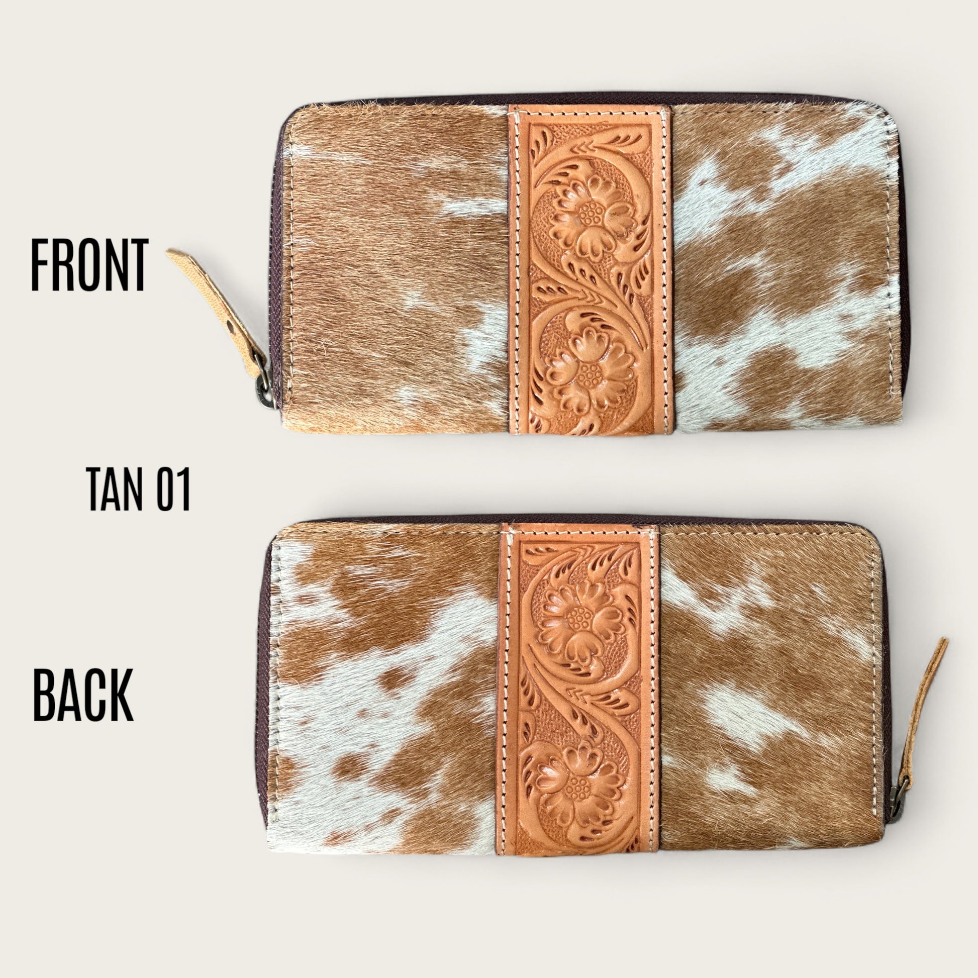 Large Cowhide and Leather Wallet with Tooling Details in Tan and White