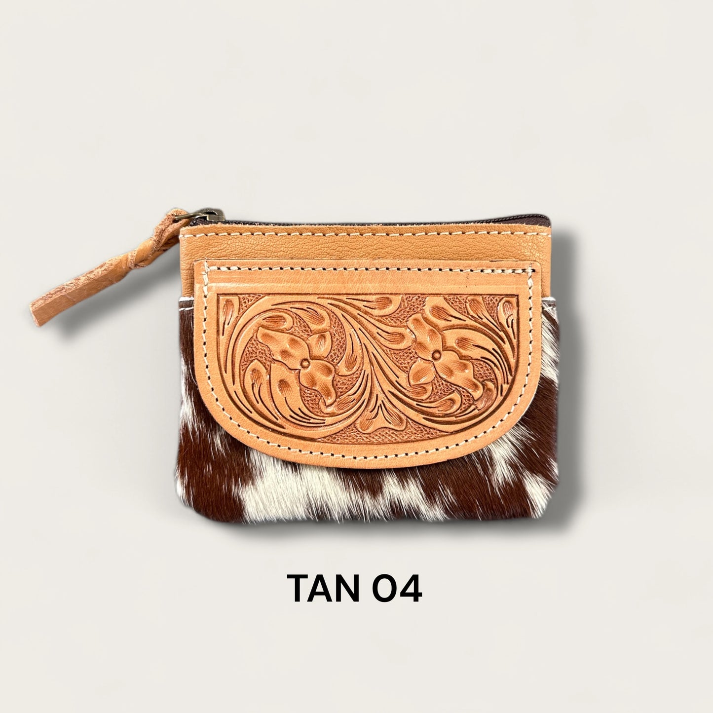 Tan and White Cowhide Zip Purse with Tooling 