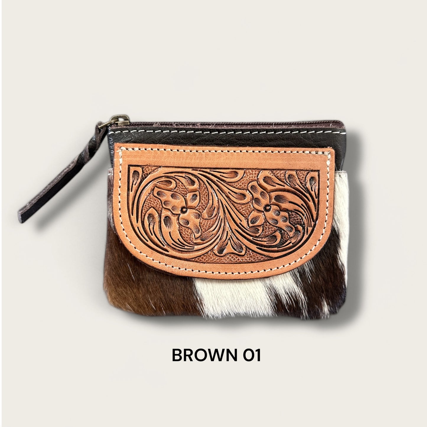 Brown and White Cowhide Zip Purse with Tooling Details