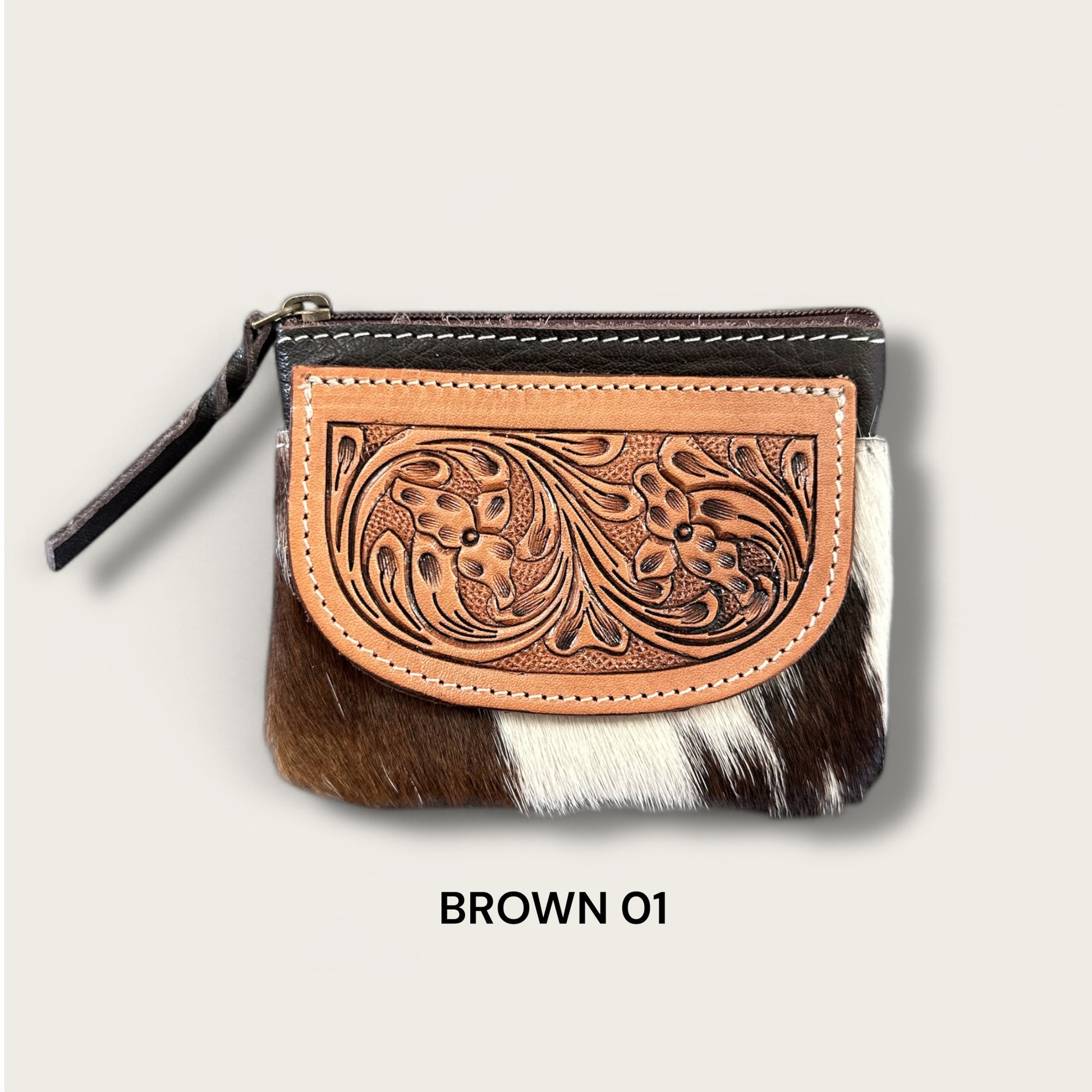 Brown and White Cowhide Zip Purse with Tooling Details