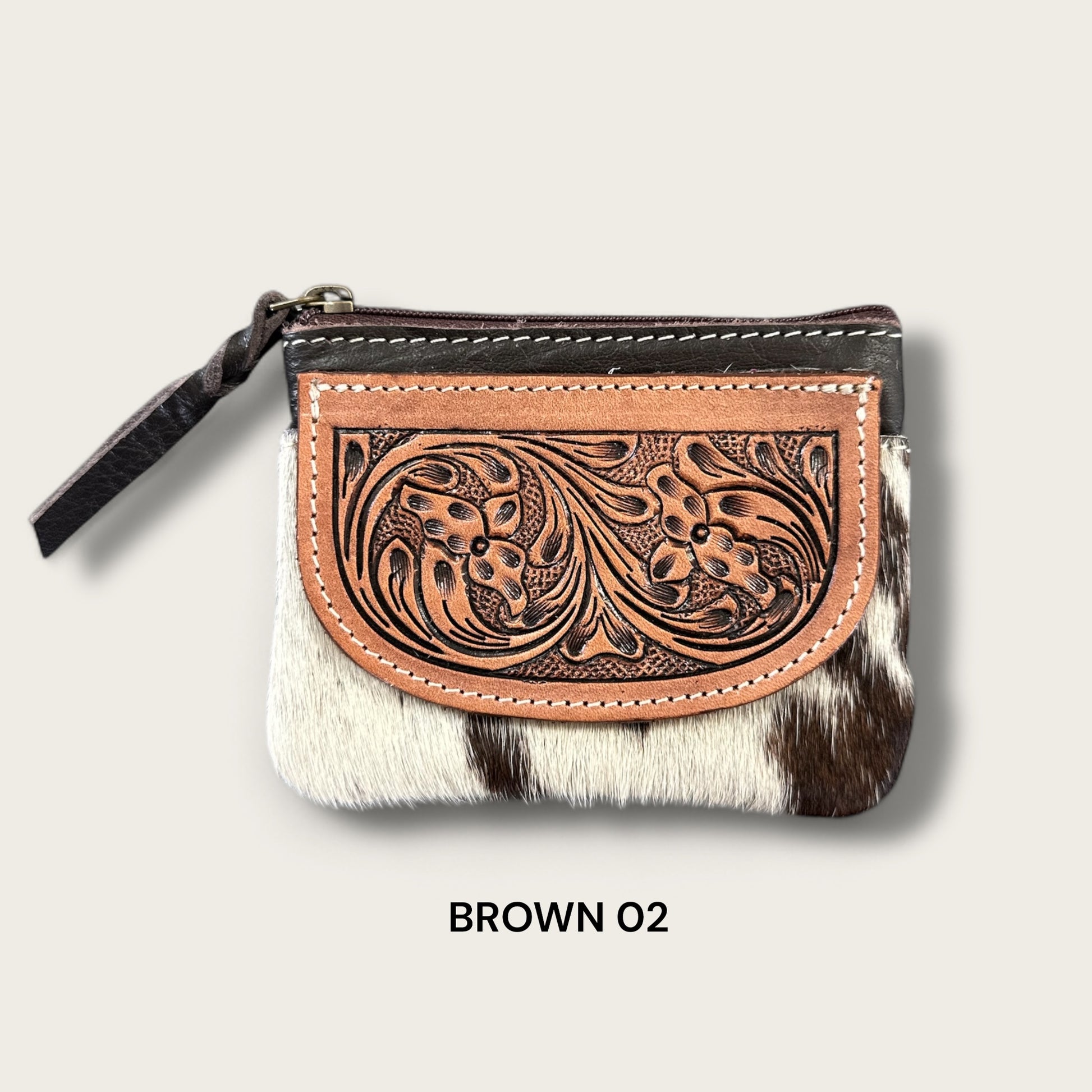 Brown and White Cowhide Zip Purse with Tooling Details