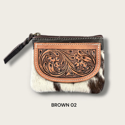 Brown and White Cowhide Zip Purse with Tooling Details