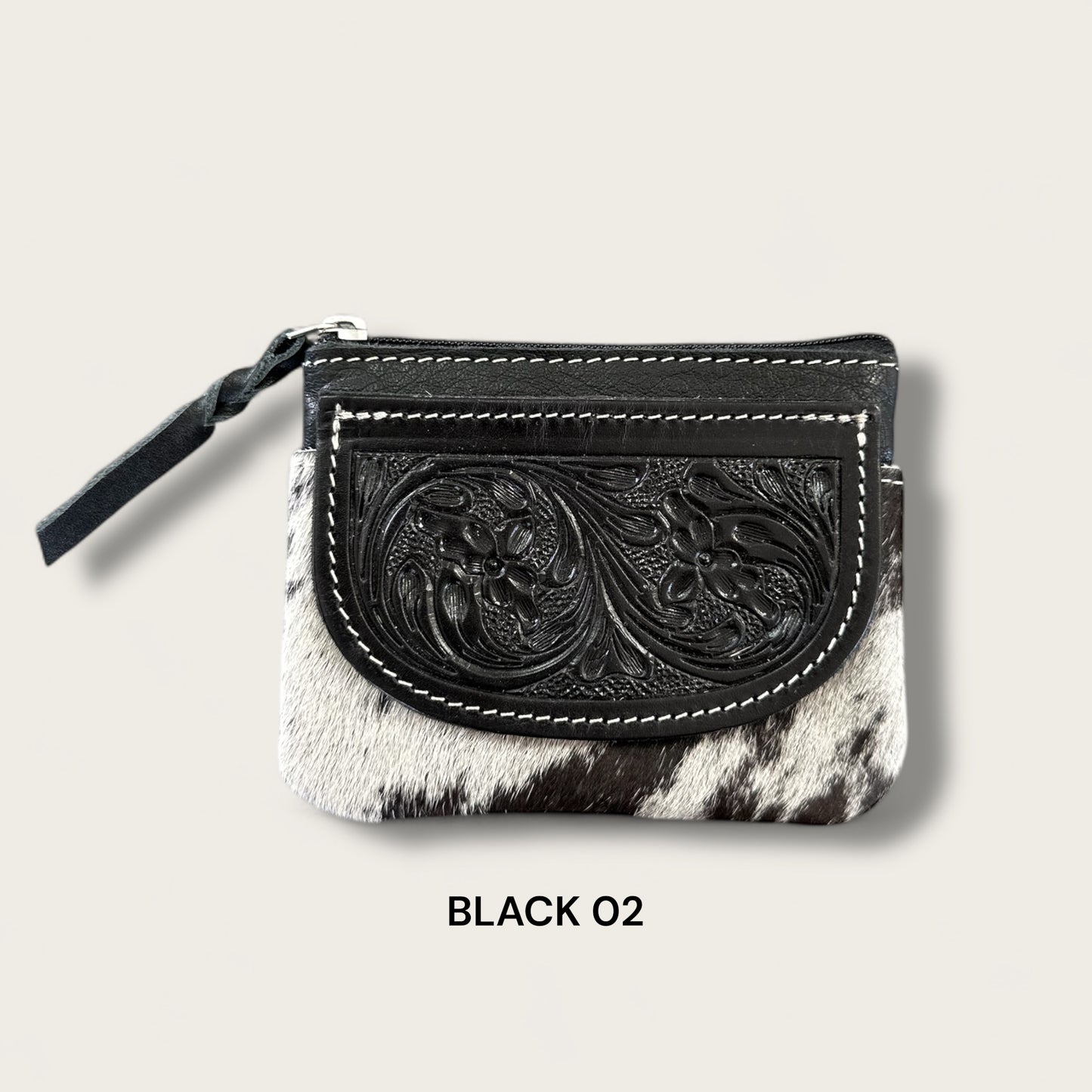 Black and White Cowhide Zip Purse with Tooling Details