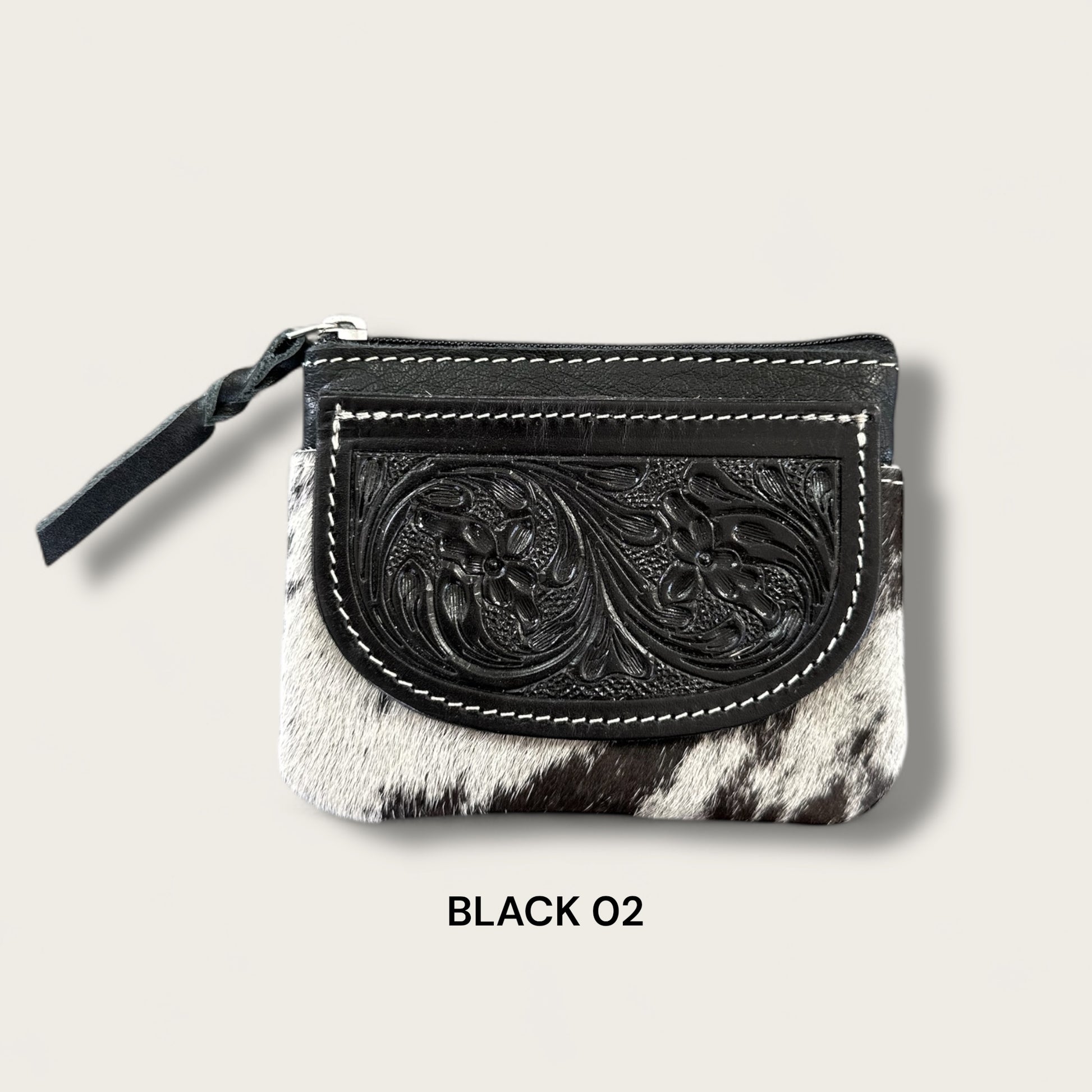 Black and White Cowhide Zip Purse with Tooling Details