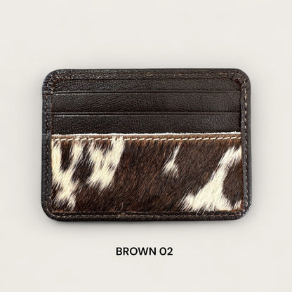 Cowhide and Leather Card Holder with ID window in Brown and White