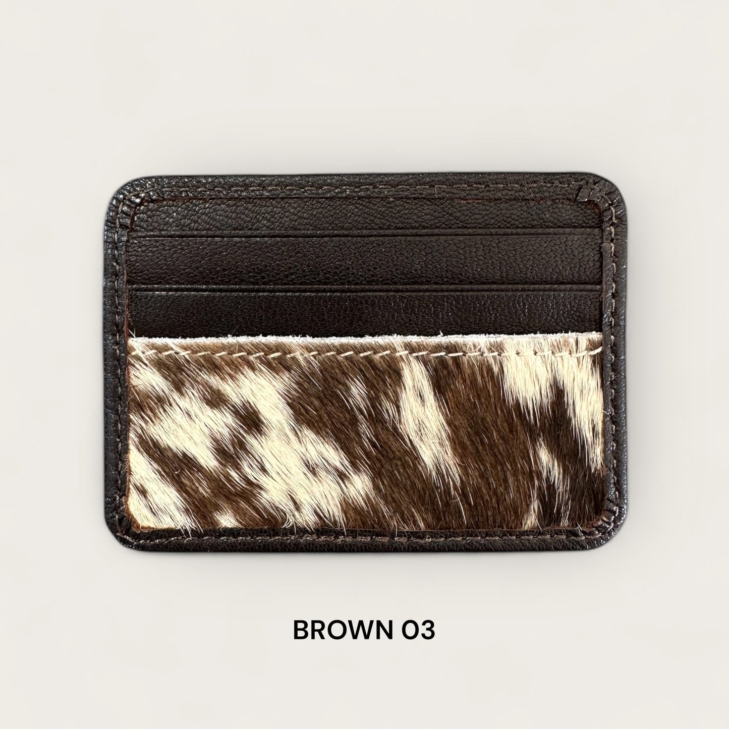 Cowhide and Leather Card Holder with ID window in Brown and White