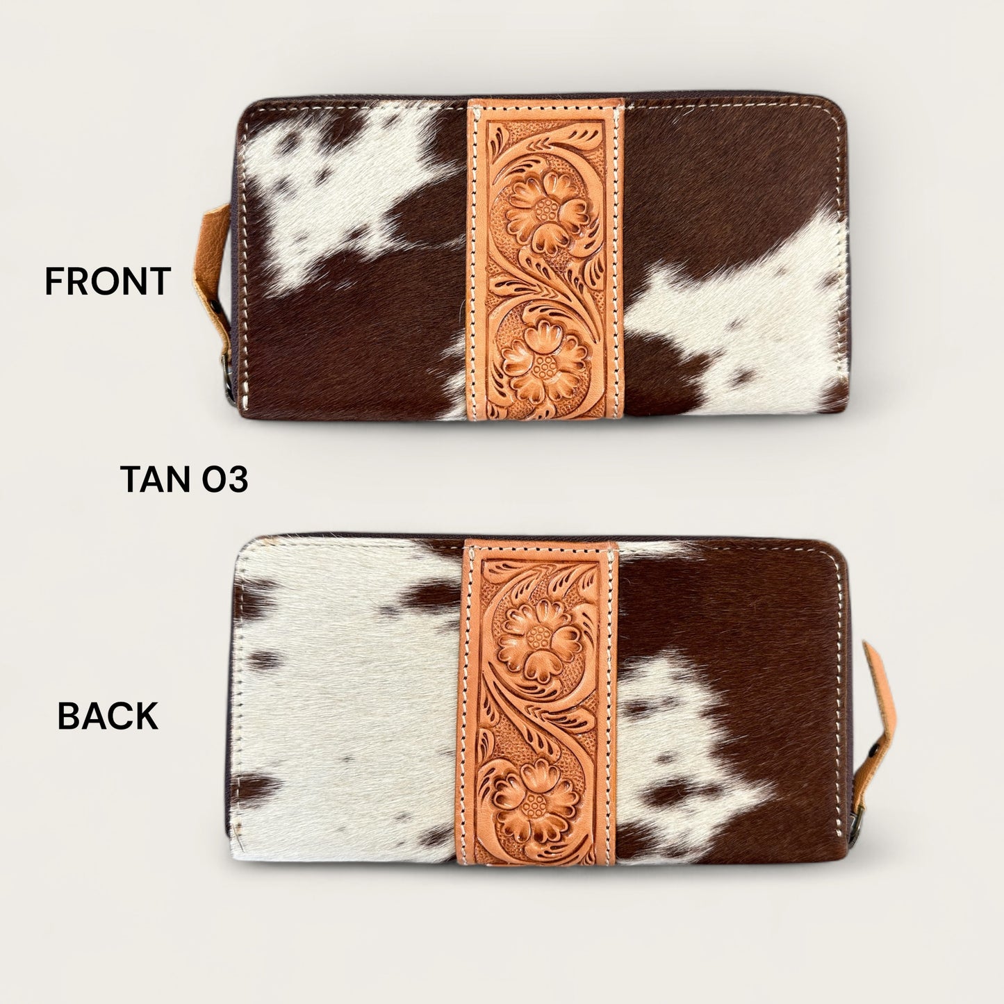 Large Cowhide and Leather Wallet with Tooling Details in Tan and White