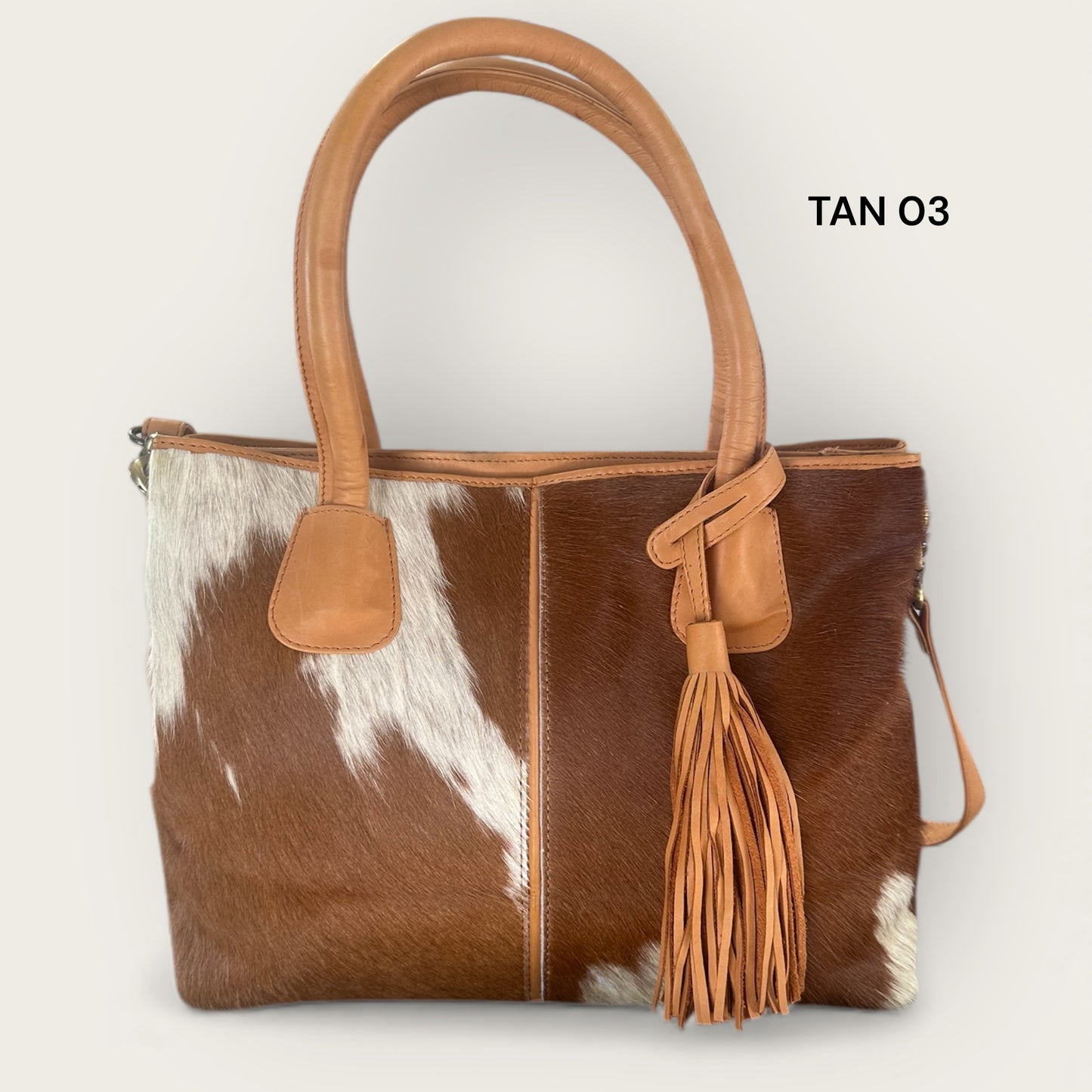 Large Cowhide Handbag with Leather - Tan