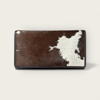 Large leather and cowhide wallet in brown and white