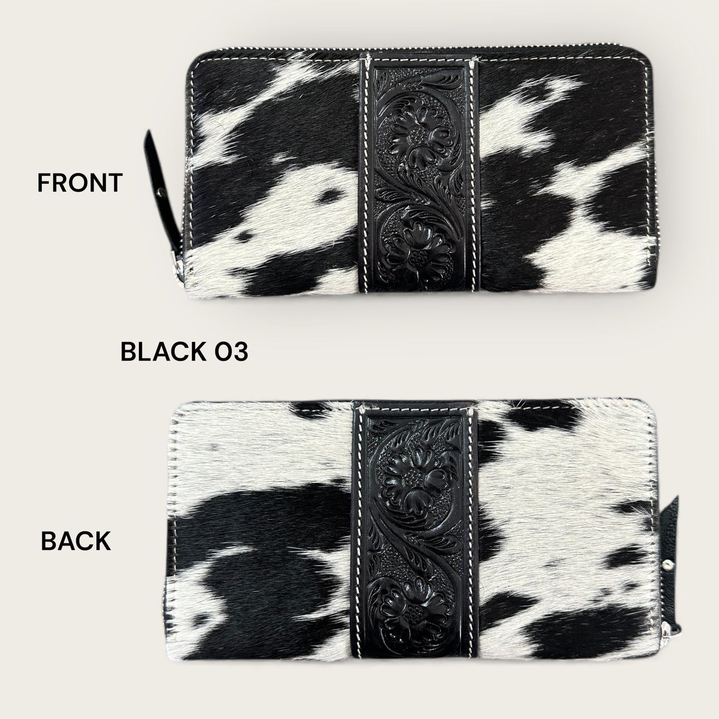 Large Cowhide and Leather Wallet with Tooling Details in Black and White