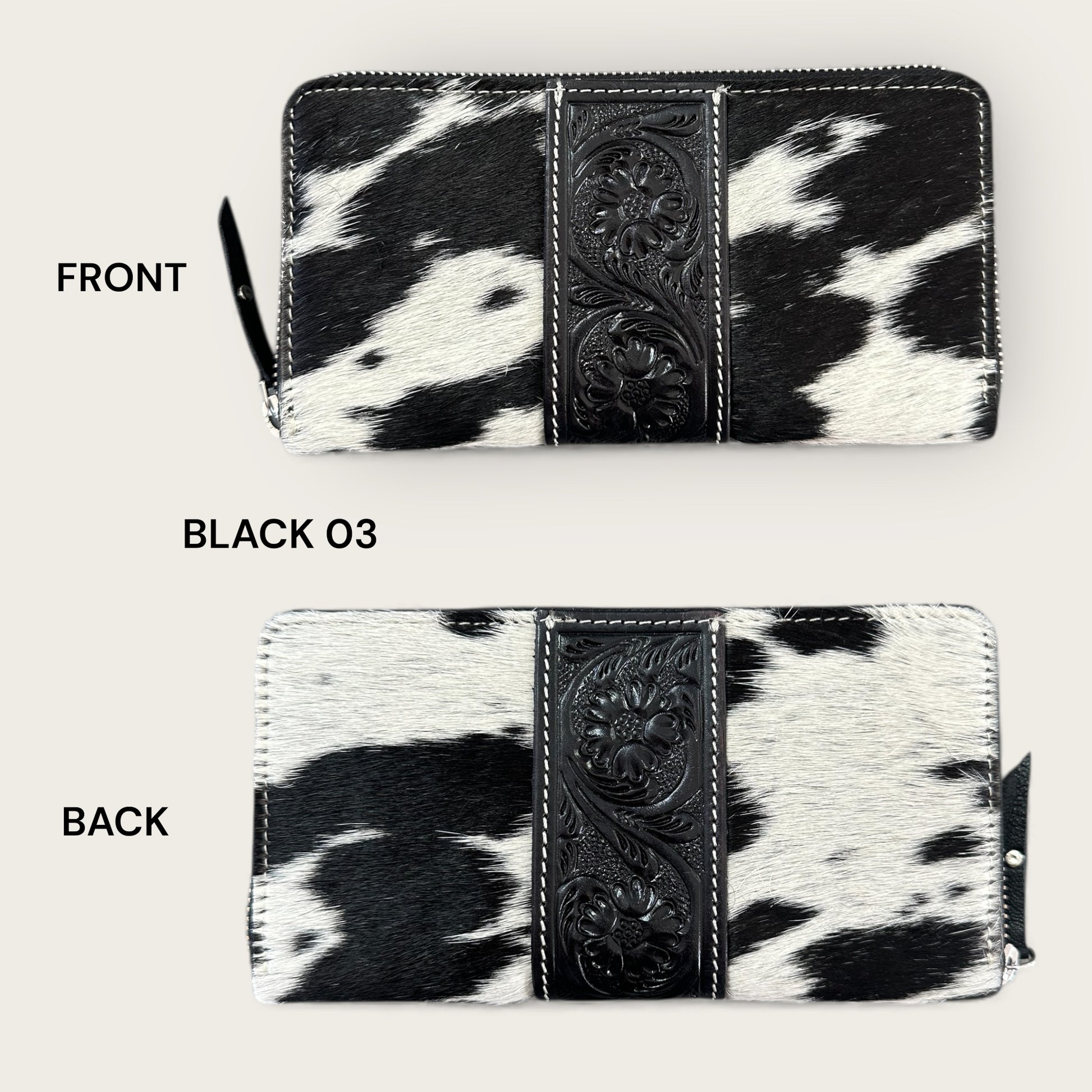 Large Cowhide and Leather Wallet with Tooling Details in Black and White
