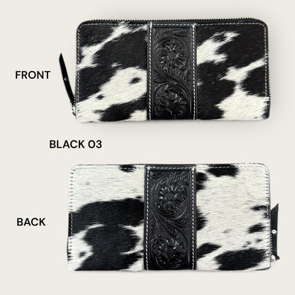 Large Cowhide and Leather Wallet with Tooling Details in Black and White