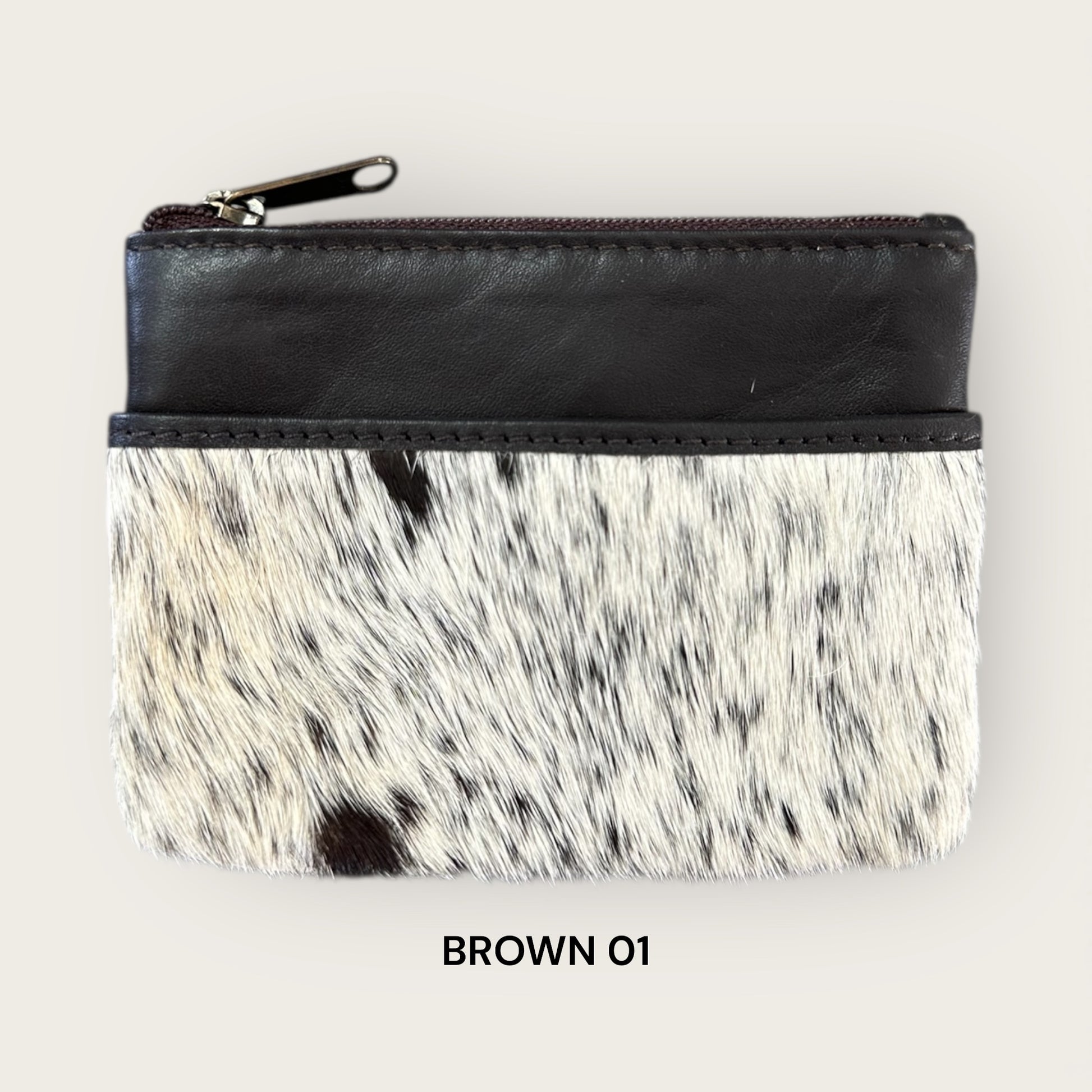 Brown and White Cowhide and Leather Purse